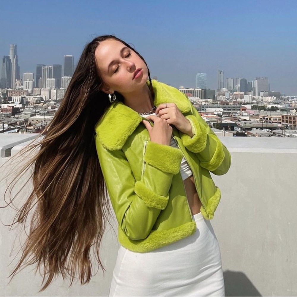 Women's Lime Faux Shearling Leather Jacket - Cropped Zipper Coat